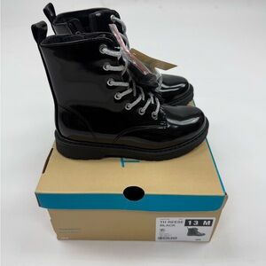 Shiny Black Kids Boots with Laces